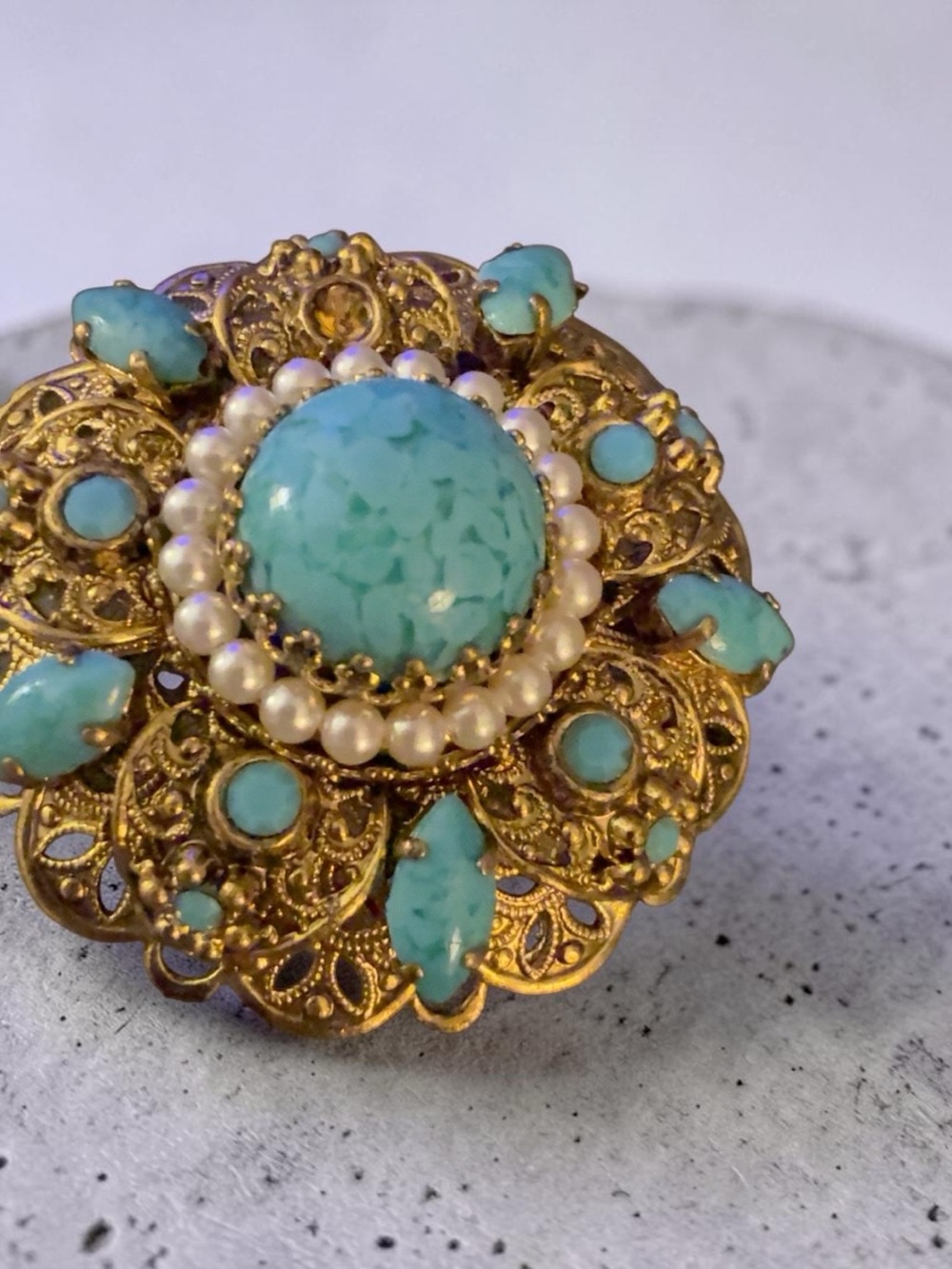Vintage West Germany Gold Tone Filigree Brooch Faux Turquoise Pearl 4.8cm